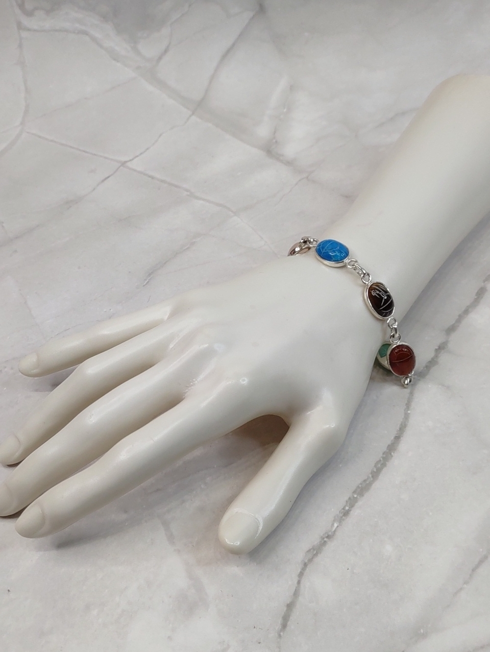 Vintage Artisan Crafted Sterling Silver Multi Stone Scarab Bracelet
